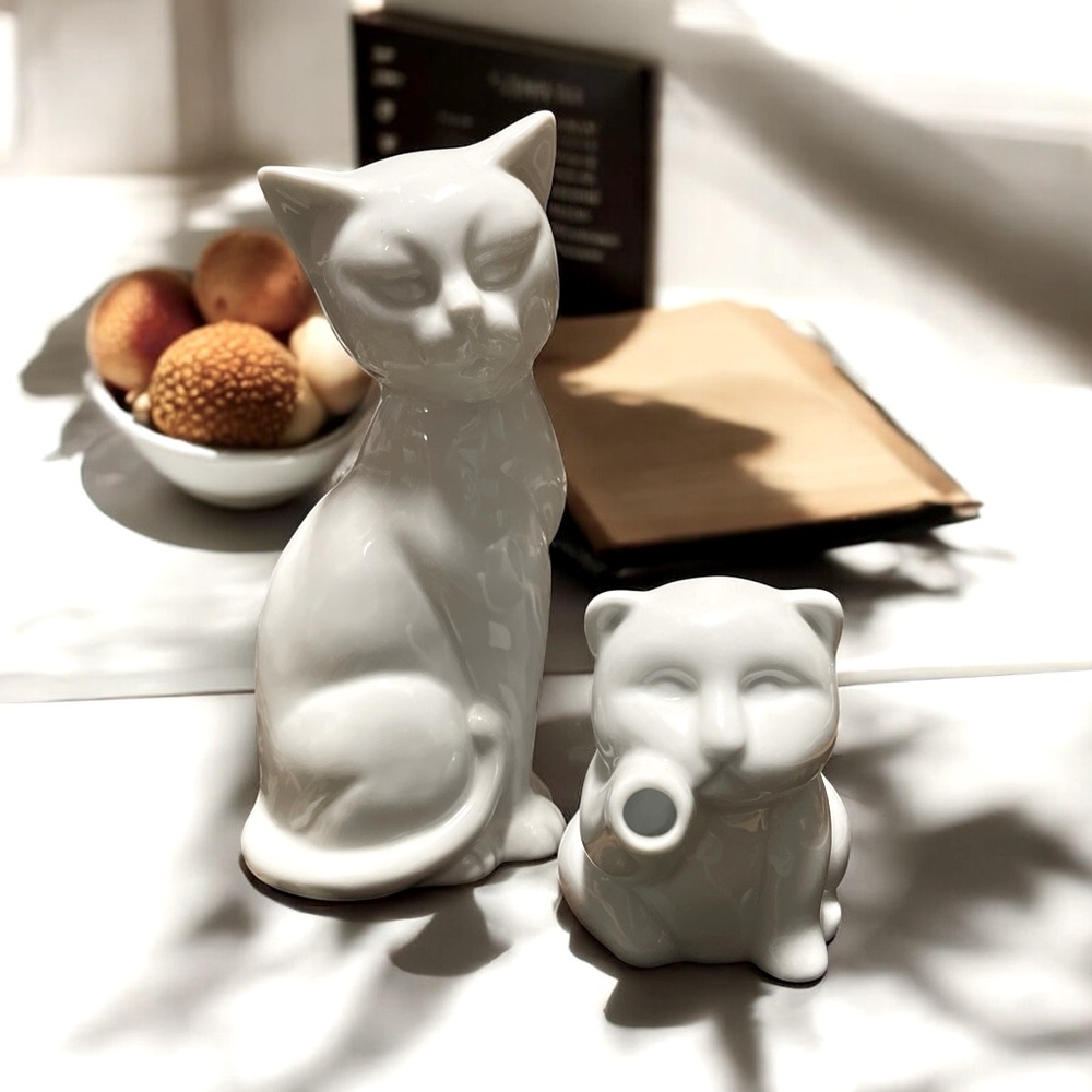 White Porcelain Cat Set - 8” Figurine & 3 1/2” Sur La Table Creamer